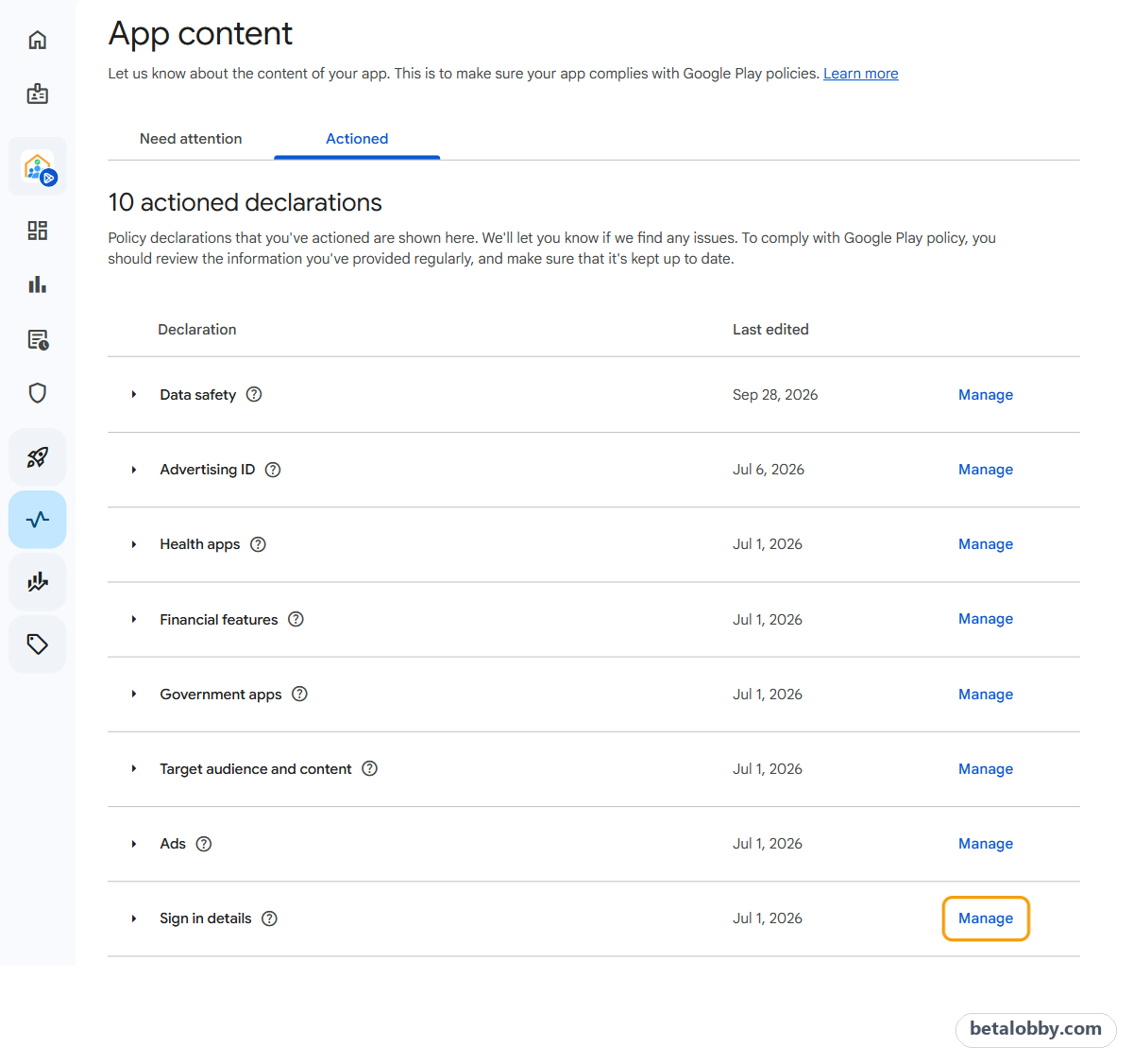 Play Console App content: Manage next to Sign in details on the Actioned tab
