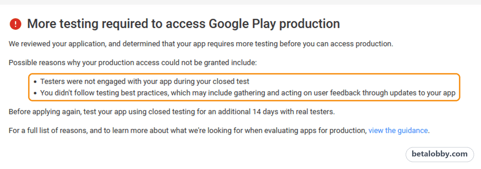 Google Play email: More testing required to access Google Play production